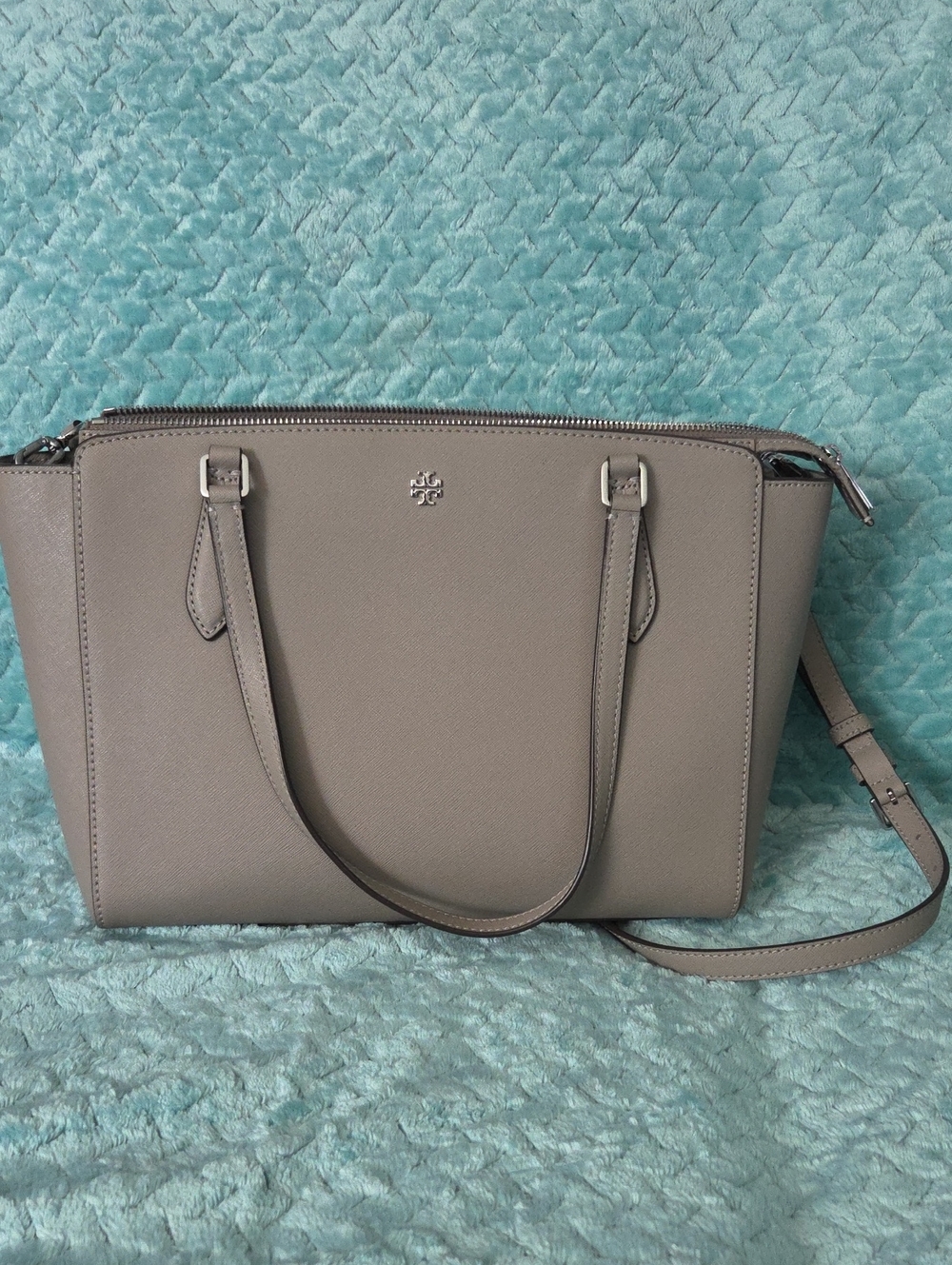 Tory Burch Taupe Saffiano Leather Shoulder Satchel